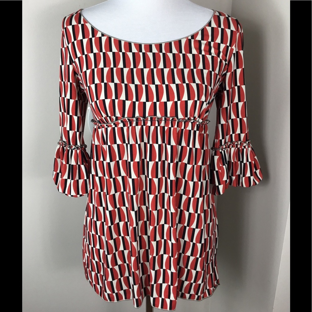 Max Studio Retro Design Mod. Print‎ 3/4 Sleeve Top Size Small Red & Black
